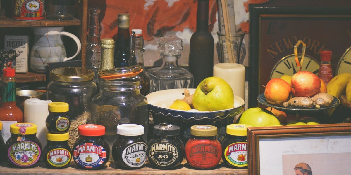 a shelf full of marmite products 
