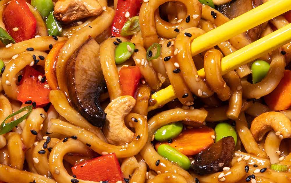 Close up image of vegan udon noodles