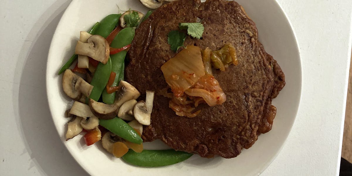 Kimchi pancakes with stir fry vegetables