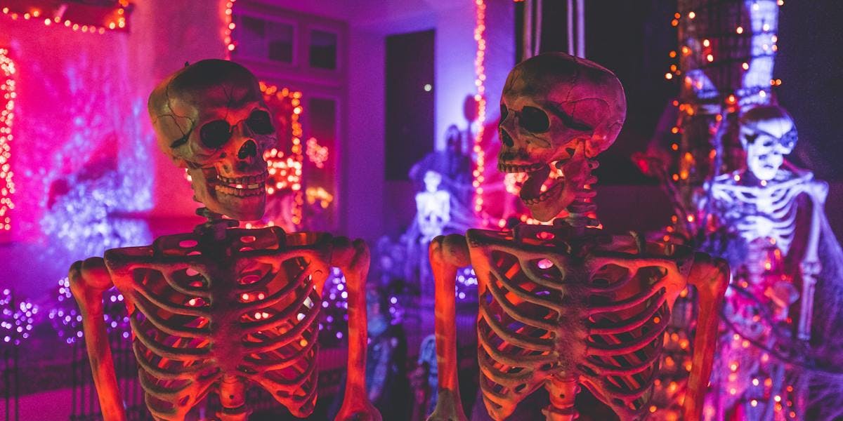neon room with skeletons