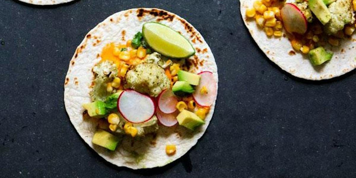 vegan cauliflower tacos with lime, radishes and corn