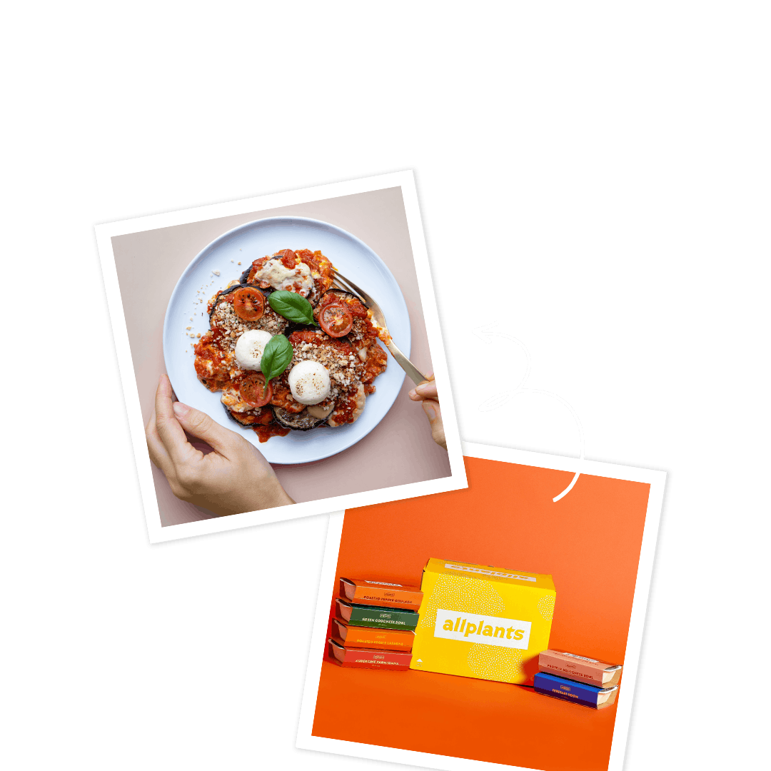 A dish of Aubergine Parmigiana and a picture of an allplants box with meals next to it