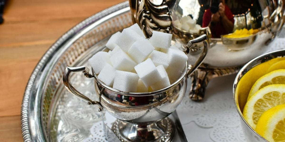 sugar cubes in silver dish
