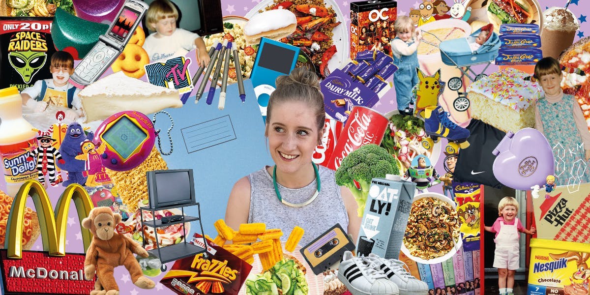 90s collage with snacks toy and food