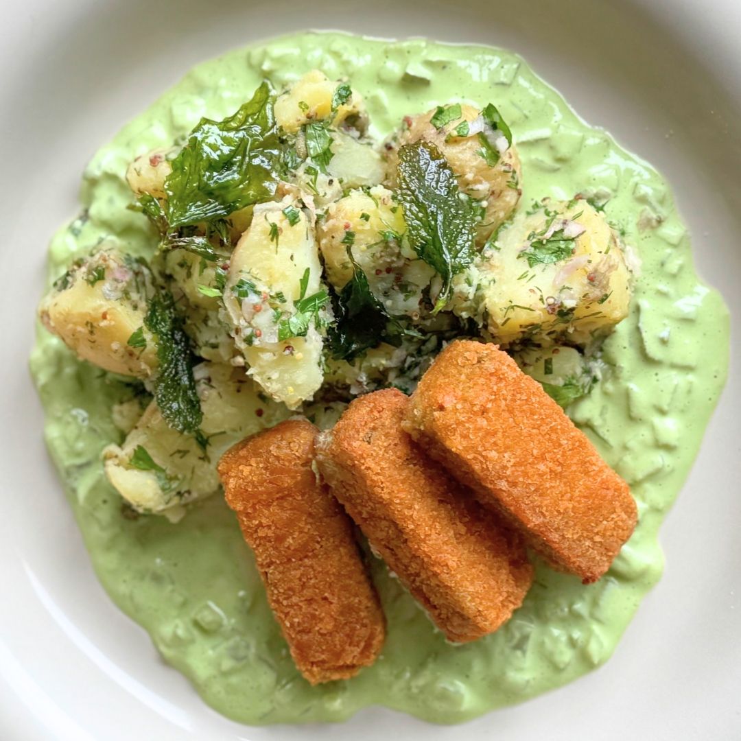 Warm Crushed Potato Salad with Spinach & Pea Tofu Goujons