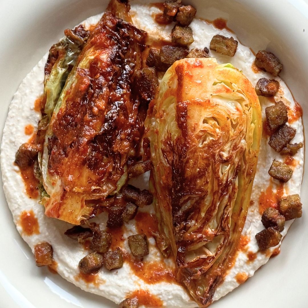 Peri-Peri Pea & Herb Veggie Tempeh with Charred Cabbage and a Butterbean & Tahini Puree