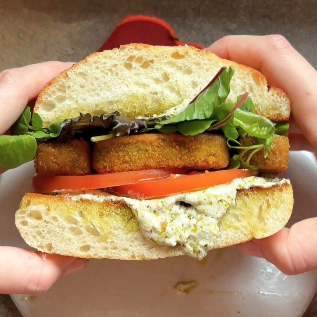 Focaccia Sandwich with Spinach & Pea Tofu Goujons