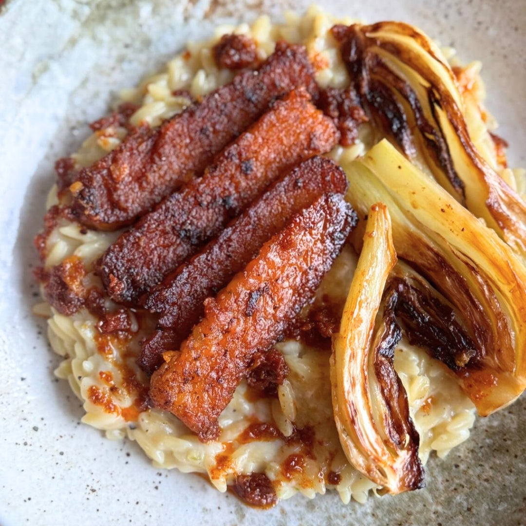 Caramelised Fennel Orzotto with Golden Lentil Veggie Tempeh