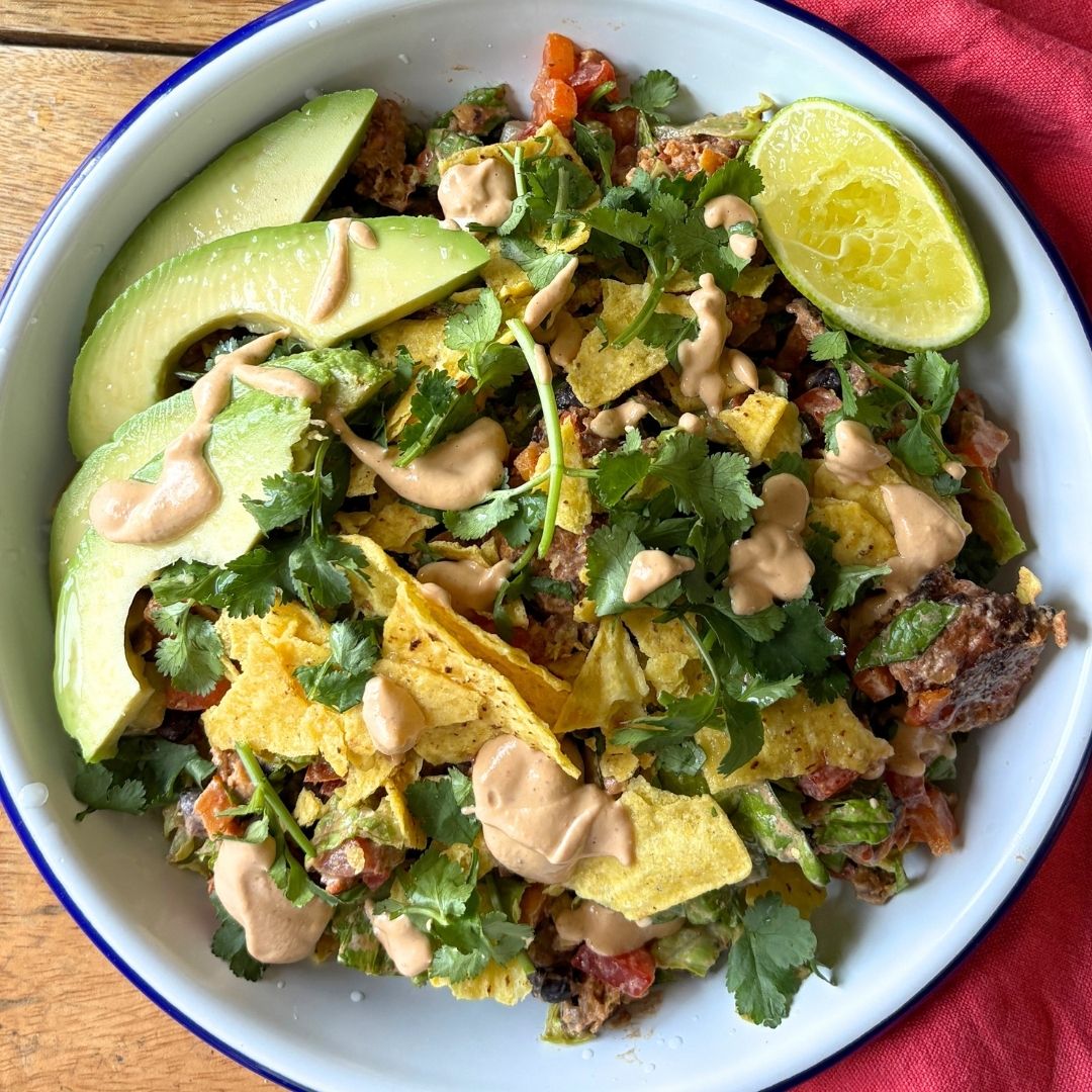 Crispy Sweet Potato & Black Bean Tortilla Salad with Chipotle Lime Dressing