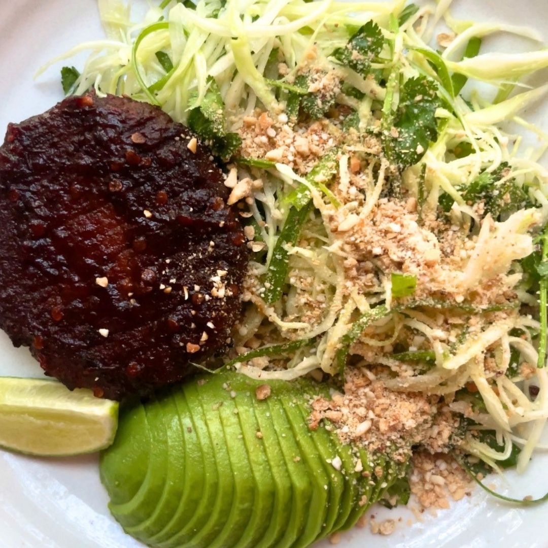 Chipotle Glazed Protein Veggie Burger Bowl With A Zesty Slaw