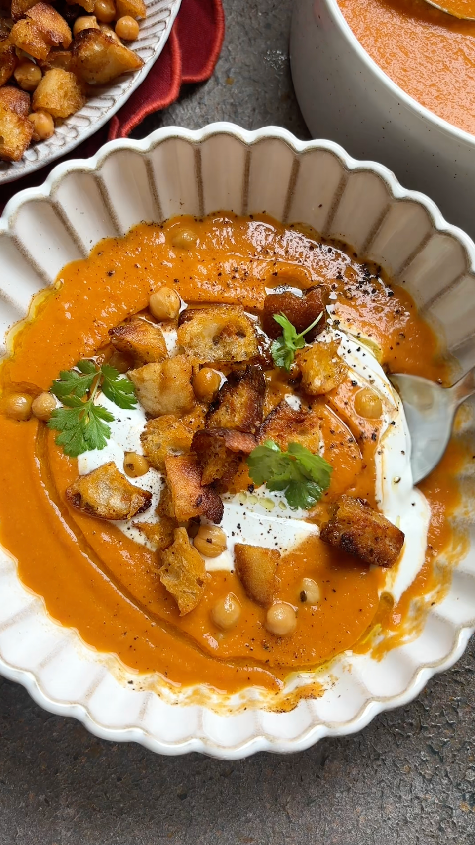 Butternut Squash Soup with Crispy Pesto Chickpeas & Croutons