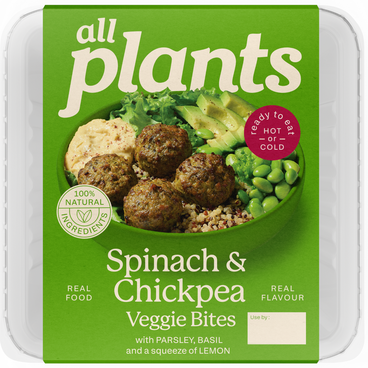 Packaging of Spinach & Chickpea Veggie Bites by 'all plants' on a white background