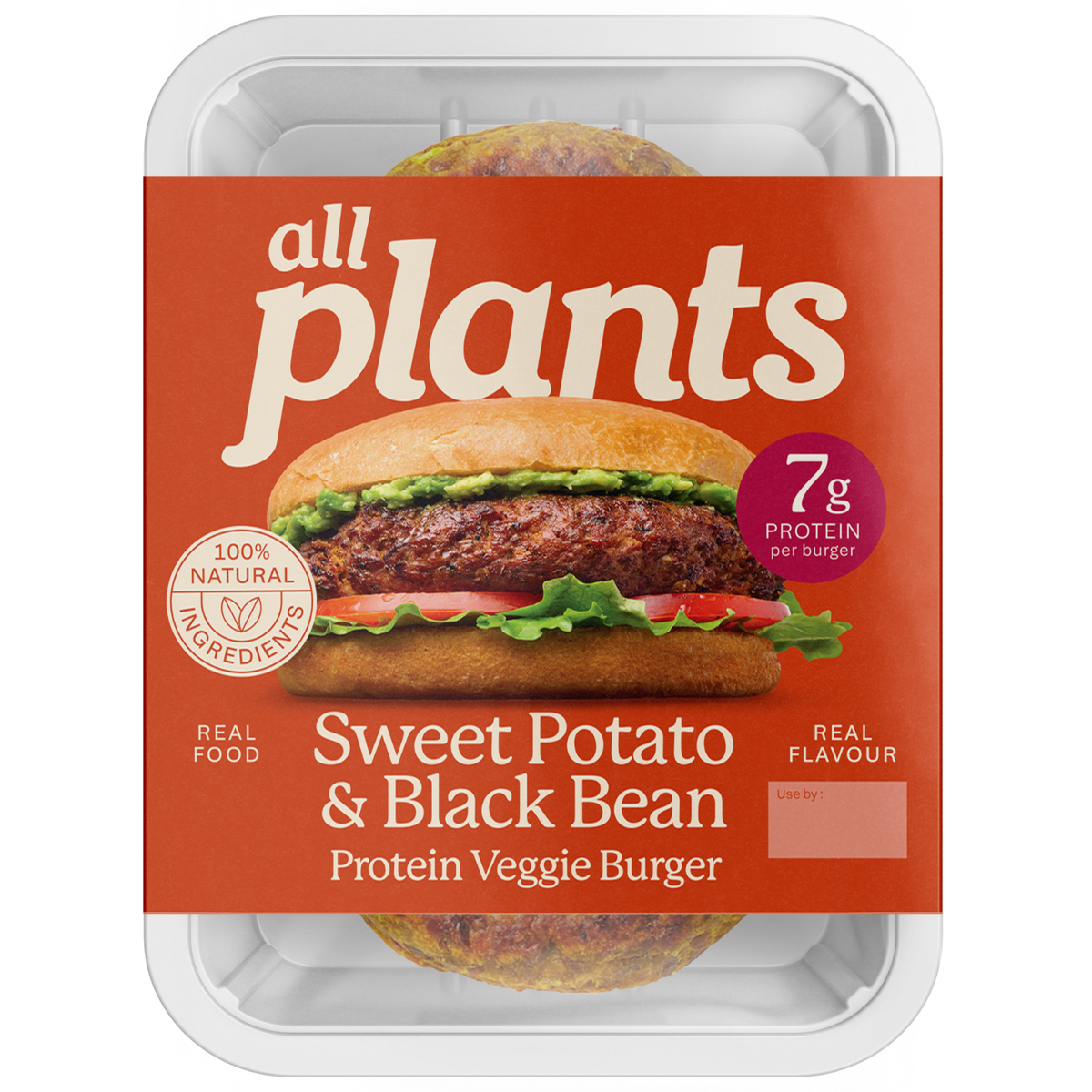 Packaged veggie burger with 'all plants' branding on a white background