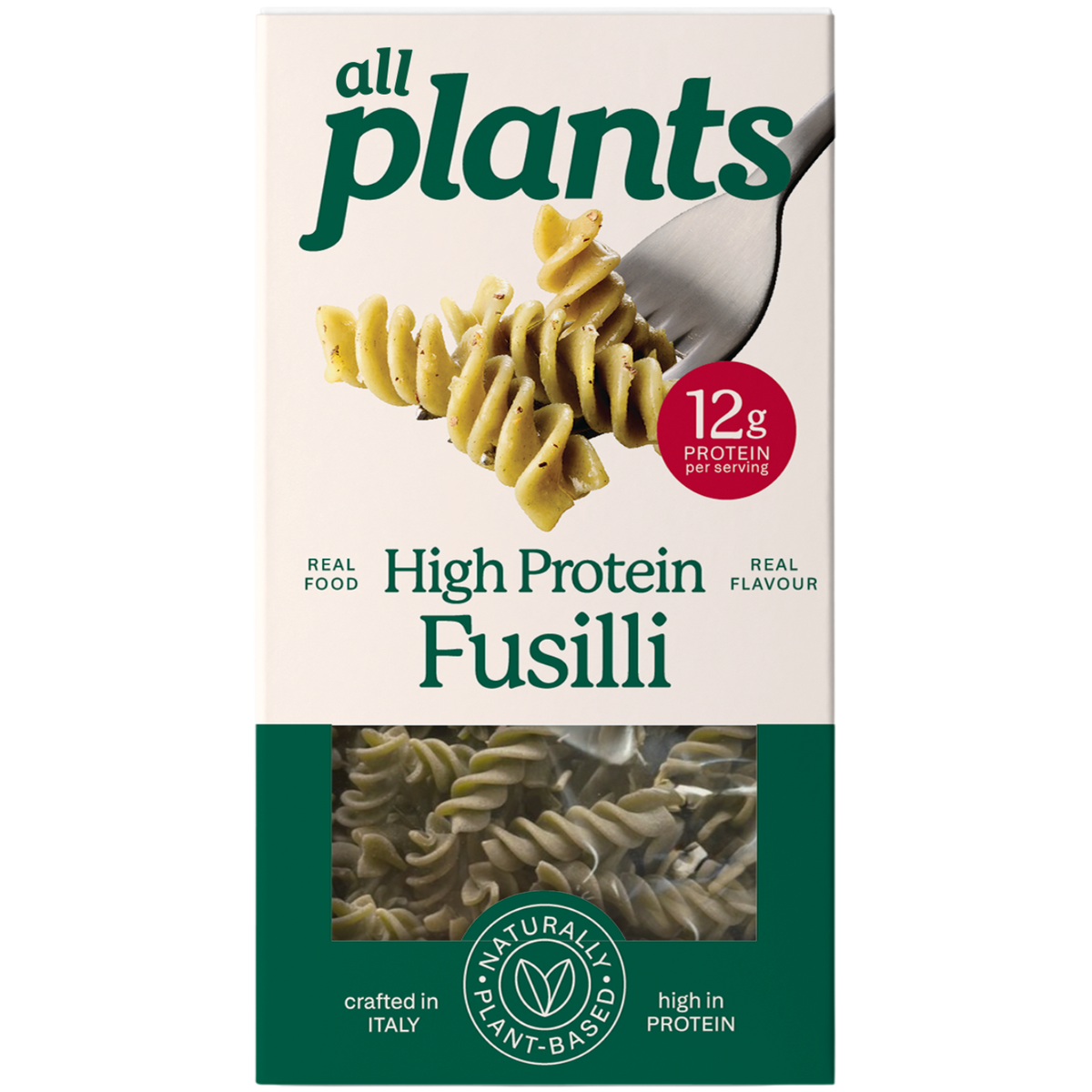 A package of All Plants High Protein Fusilli pasta on a plain white background. The packaging features a cream-colored top half with the brand name 'all plants' in dark green, an image of cooked fusilli on a fork, a red '12g PROTEIN PER serving' badge, and a dark green bottom half showing a window of the dry pasta.